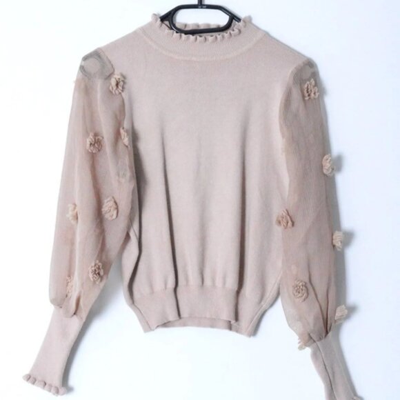 Vintage 90s Beige Flower Ruffle Mock Neck Jumper - Picture 1 of 6